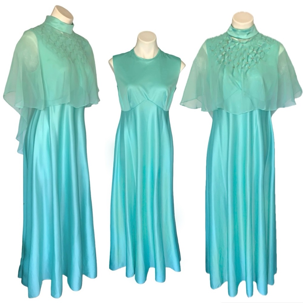 v i n t a g e :: Nylon Peignoir Set Full Sweep Gown Chiffon Cape Rhinestones - Picture 1 of 16